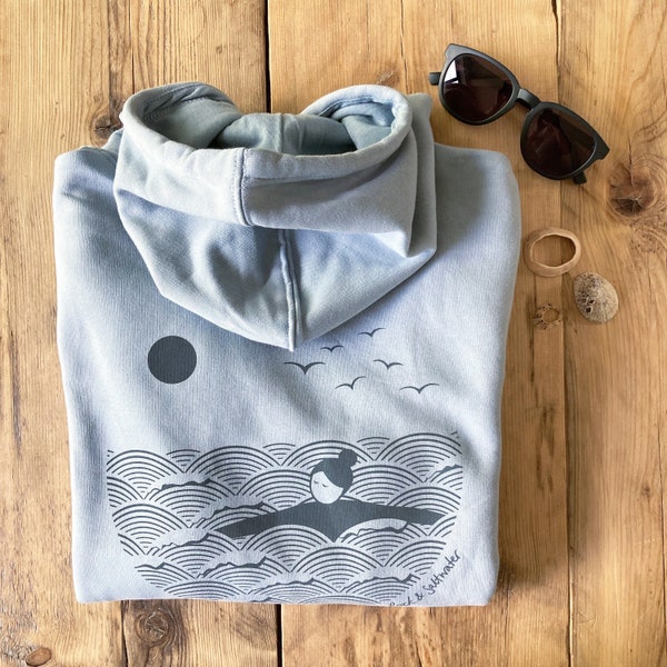 Blue, organic cotton, screen printed, wild swimming women's hoodie