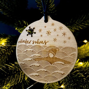 Winter wild swims Christmas bauble, laser cut and etched birch ply decoration, handmade, personalised option