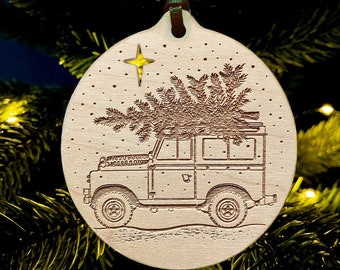 Classic Land Rover and Christmas tree laser etched bauble