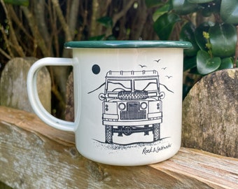 Land Rover front view with mountain.  Cream and green enamel mug – perfect camping mug or gift