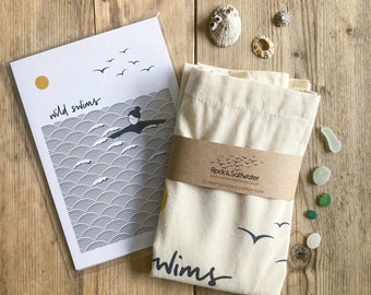 Gift bundle: wild swims screen printed tote bag and A5 print