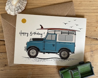 Land Rover beach birthday card – single A6 card with kraft envelope.