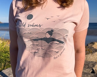 Pink, organic cotton, hand screen printed wild swimming women's t-shirt