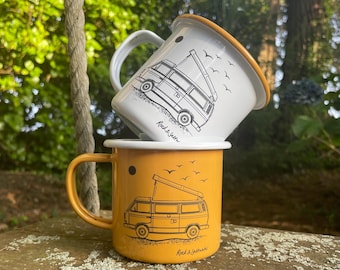 Camper van T25 Westfalia yellow enamel mug – perfect camping mug or gift.