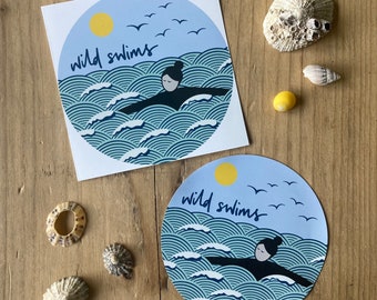 Wild swims self cling window sticker, double sided, removable indoor/outdoor vinyl car sticker