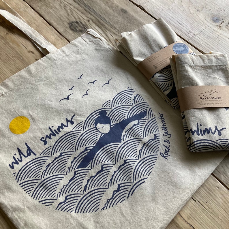 Wild swims screen printed cotton tote bag, reusable shopping bag image 6