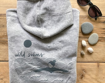 New fog grey organic cotton, screen printed, wild swimming women's hoodie