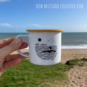 Wild swimming enamel mug perfect post-swim mug, camping mug or gift yellow, blue or grey rim image 2