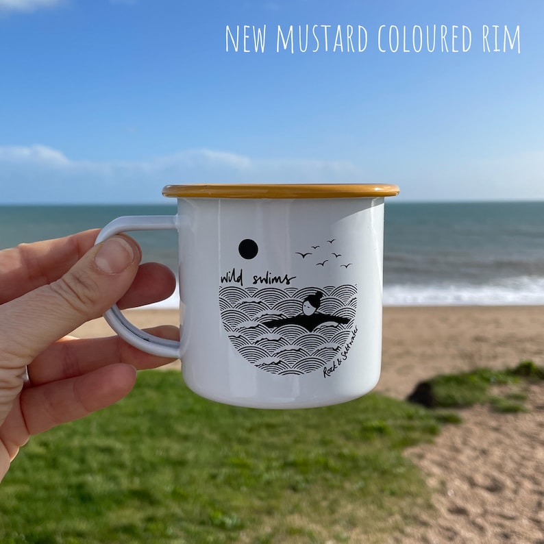 Wild swimming enamel mug perfect post-swim mug, camping mug or gift yellow, blue or grey rim image 2