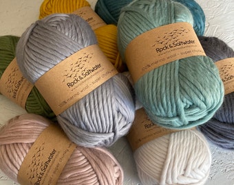 100% merino wool, super chunky (super bulky) weight yarn, 100g balls.