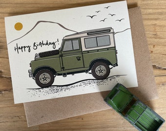 Land Rover mountain birthday card – single A6 card with kraft envelope.