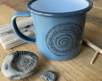 Ammonite grey enamel mug – perfect camping mug or gift