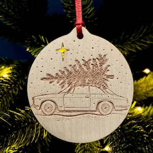 Alfa Romeo Giulia coupe and Christmas tree laser etched bauble decoration
