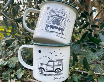 Set of 2 Land Rover with mountain scape enamel mugs. Cream and green enamel mugs – perfect camping mug or gift.