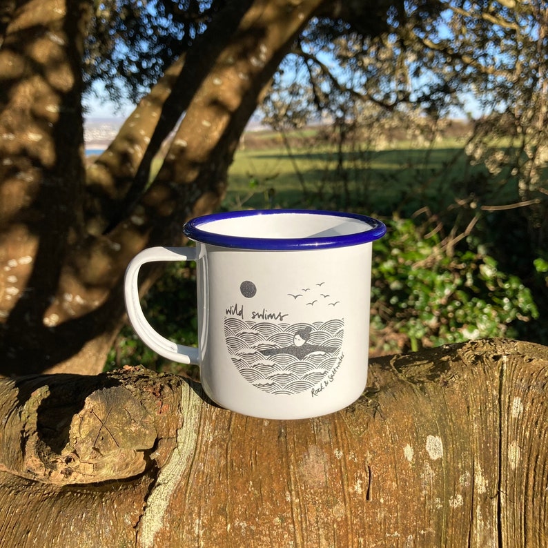 Wild swimming enamel mug perfect post-swim mug, camping mug or gift yellow, blue or grey rim image 4