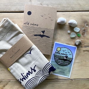 Gift bundle: wild swims embroidered patch badge, A6 notebook and screen printed tote bag set
