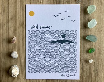 Wild swims mini print, unframed A6 print, sea swimmer, wild swimmer