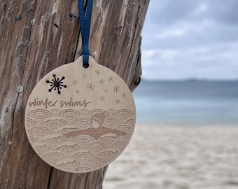 Winter wild swims Christmas bauble, laser cut and etched birch ply decoration, handmade, personalised option