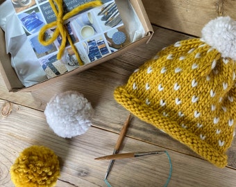 Bobble Hat | adult size | mustard yellow heart spot | merino wool handknit hat with pom pom | beanie | chunky knit | gift