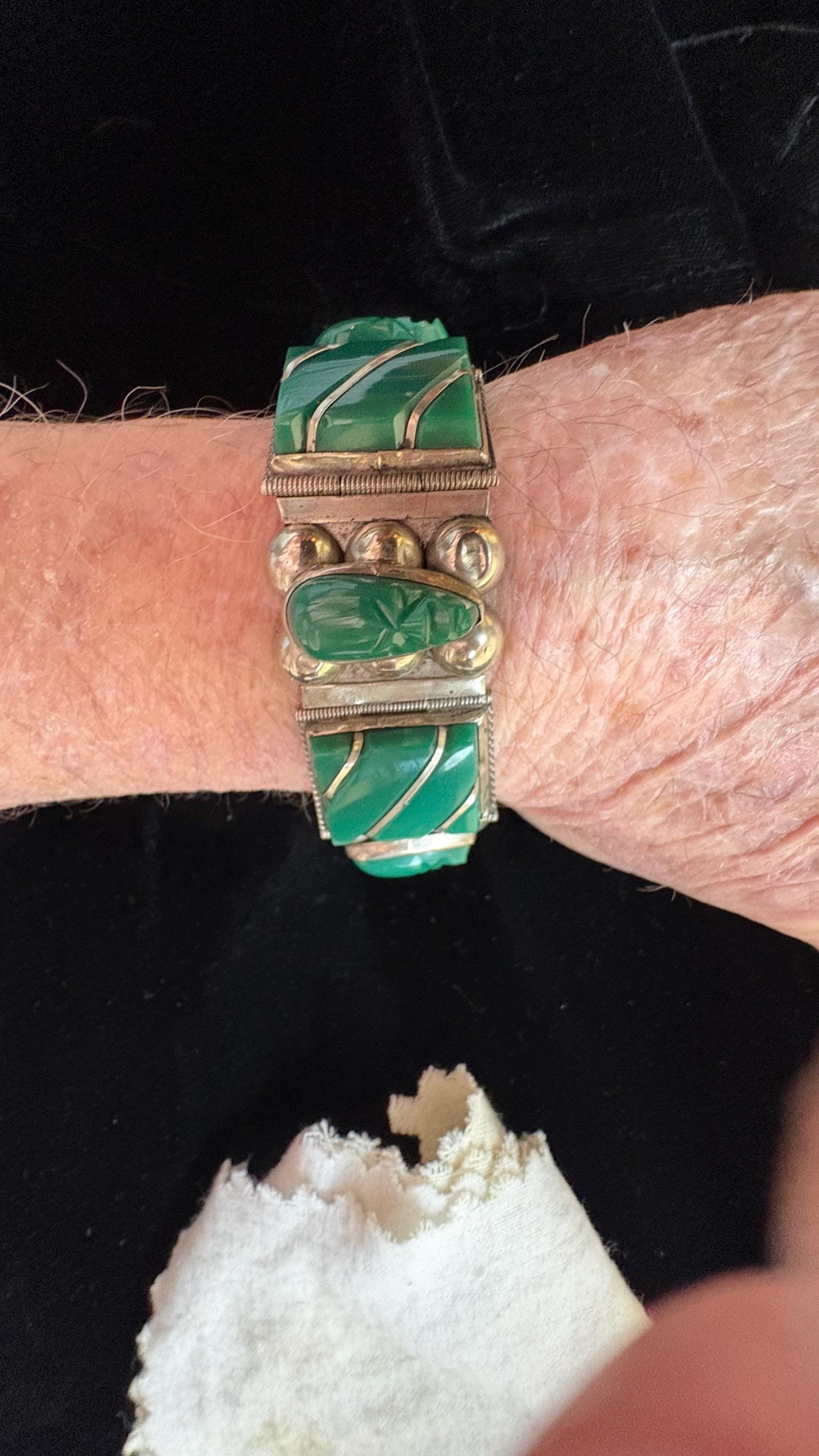 Vintage Taxco Green Onyx and Sterling Silver Bracelet Featuring