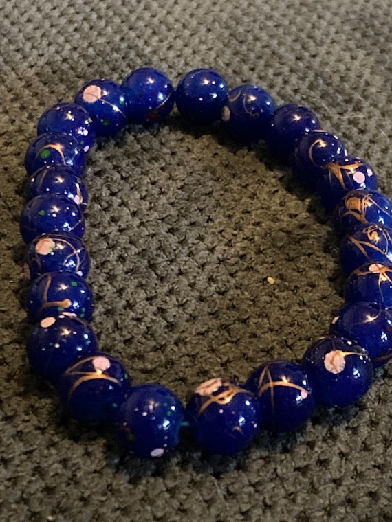 Vintage Painted Blue Glass Bead Bracelet