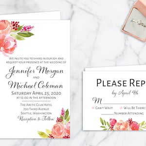 Watercolor Floral Wedding Invitation Suite, Peach, Pink