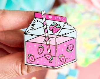 Strawberry Milk Enamel Pin · Cute Pink Japanese Milky Bottle Pin Badge · Kawaii Collectible Pin for Jackets & Bags