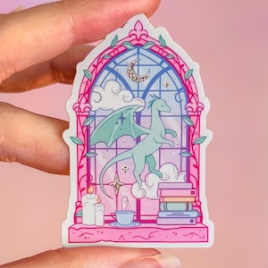 Library Window Dragon Sticker · Small Pixie Dust Glitter Vinyl Sticker · Fantasy Bookish Laptop Sticker