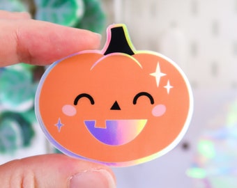 Cute Pumpkin Holographic Sticker, Cute Stickers, planner sticker, pack, vinyl, kiss cut, kawaii, halloween, trick or treat, spooky, spoopy