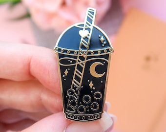 Black Celestial Boba Enamel Pin, Glitter Pin, Cute Enamel Pin, Pin Badge, bubble tea, Witchcraft and Wizardry, magic and Spells, moon phase