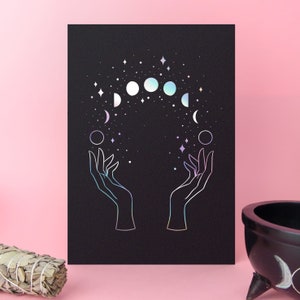 Lunar Witch Foil Art Print A5, wall decor, gold foil, holographic foil, poster, rose gold foil, celestial, moon phase, witchcraft, magic