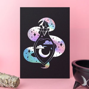 Lunar Potion Foil Art Print A5, wall decor, gold foil, holographic foil, poster, rose gold foil, celestial, moon phase, witchcraft, magic