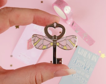 Pink Key Enamel Pin, Cute Enamel Pin, Pin Badge, Stocking Stuffer, Stocking Filler, lapel, Witchcraft and Wizardry, Winged key