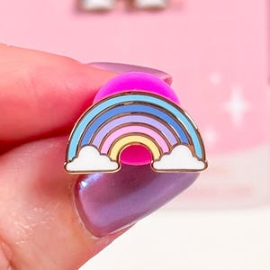 Mini Rainbow Enamel Pin: Pastel Pride Accessory with Pink Rubber Clutch