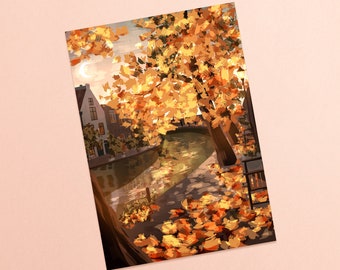 Octubre Sunset Postal, tarjeta postal, impresión de arte, carta, correo postal, celestial, fase lunar, amante de la luna, otoño, otoño, árbol, pueblo, paisaje