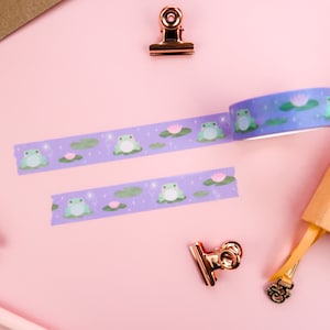 Fita washi de sapos fofos, kawaii, artesanato, scrapbooking, acessórios para planejadores, conto de fadas, caprichoso, sapos fofos, nenúfares, flores, animais
