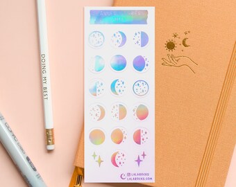 Silver Holographic Foil Moon Phase Sticker Sheet, Cute, planner sticker, bujo, bullet journal,Vinyl,magic, moon phase, celestial,lunar cycle