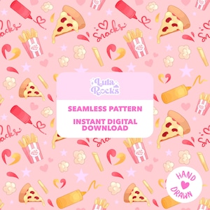 Peut inclure: Motif sans couture avec des illustrations de parts de pizza, frites, ketchup, moutarde, pop-corn, coeurs et étoiles sur fond rose. Le texte "Lula Rocks" et "Seamless Pattern" sont également visibles. Dessin à la main.