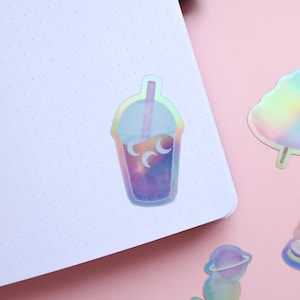 Moon Boba Tea Space Snacks Holographic Stickers, Cute Stickers, planner sticker, sticker pack, bubble tea, dango, kawaii, candyfloss, cookie