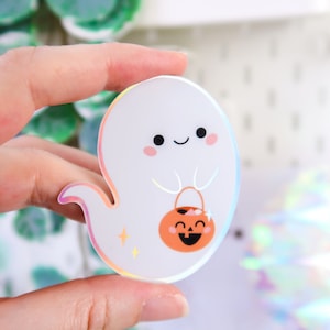 Linda pegatina holográfica fantasma, pegatinas lindas, pegatina del planificador, paquete, vinilo, corte de beso, kawaii, halloween, truco o trato, espeluznante, espeluznante