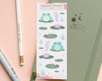 Cute Frogs Planner Sticker Sheet, Cute, planner sticker, bujo, bullet journal, frog, toad, lily pad, water, raindrops, kawaii