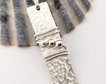 925 Sterling Silver Bar and Bead Pendant, Silver Bead and Wire Necklace, Unique Artisan Textured Bead Hammered Jewelry Birthday Gift for Her