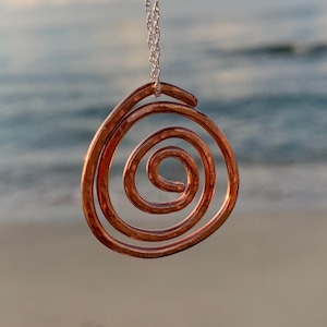 Copper Celtic Spiral Pendant Necklace, Rustic Hammered Wire Coil Swirl Pendant, Ladies Textured Birthday Gift Her, 7th Anniversary Gift Wife