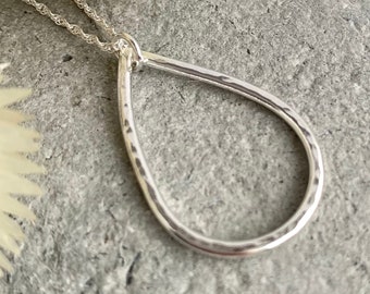 Hammered Sterling Silver Teardrop Necklace for Woman, Organic Hammer Raindrop Pendant, Minimalist Birthday Gift Her, Anniversary Gift Wife