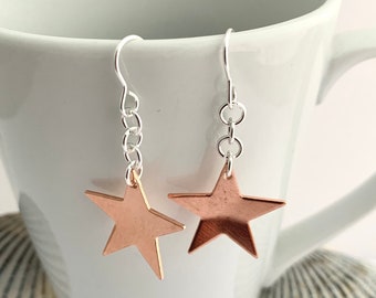 Plain Copper Star Dangle Earrings, Handmade 7th Wedding Anniversary Copper Gift, Celestial Coppery Dangly Drops, Minimalist Star Jewellery