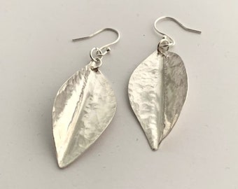 Hammered Hand Forged Sterling Silver Dangle Leaf Earrings, Handmade 925 Fold Formed Dangle Woodland Dangly Drops, Nature Inspired Gift