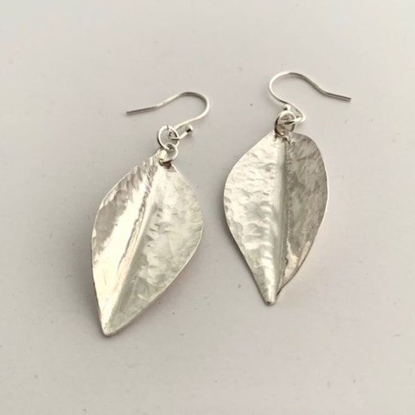 Hammered Hand Forged Sterling Silver Dangle Leaf Earrings, Handmade 925 Fold Formed Dangle Woodland Dangly Drops, Nature Inspired Gift