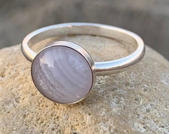 Blue Lace Agate and Sterling Silver Stacking Ring, Handmade Light Blue Chalcedony Natural Gemstone Jewelry Gift, Everyday Blue Stone Band