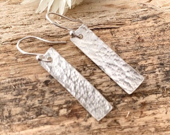 925 Sterling Silver Rectangle Bar Earrings, Boho Hammered Dangle Stick Drops, Anniversary Gift Wife, Birthday Gift Her,