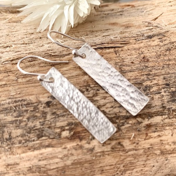 925 Sterling Silver Rectangle Bar Earrings, Boho Hammered Dangle Stick Drops, Anniversary Gift Wife, Birthday Gift Her,